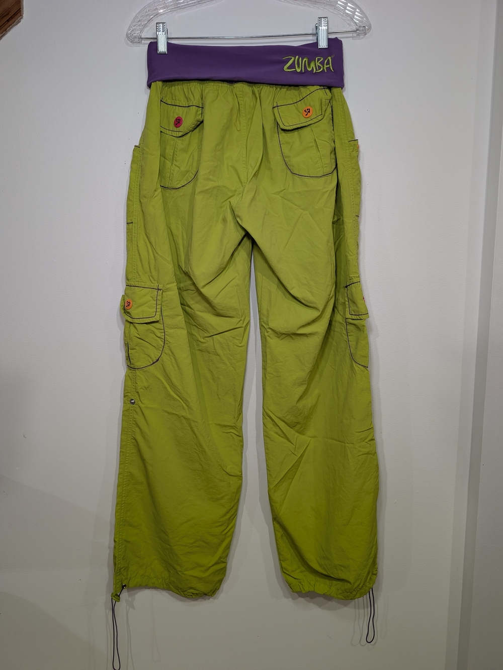 Zumba Fitness Lime Green Wide Leg Cargo Pants with Purple Fold-Over Waistband